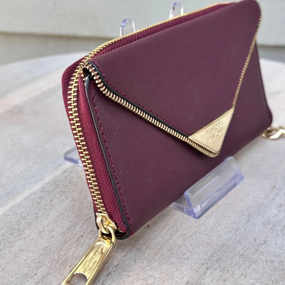 Rebecca Minkoff Molly Metro Zip Around Wristlet Wallet Port Wine Red Saffiano